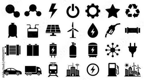Collection of energy and industry icons representing power generation transportation and technology concepts