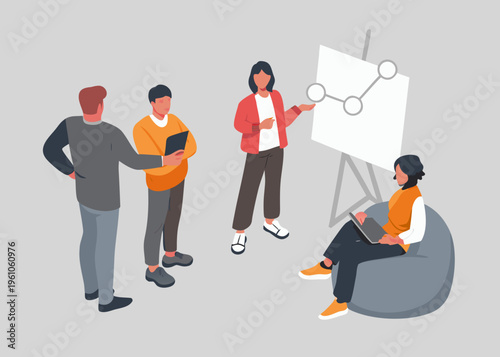 Team collaboration and brainstorming session with a whiteboard and digital devices