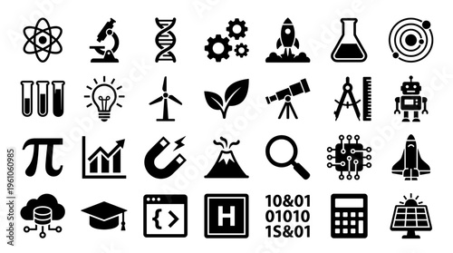 Collection of science and technology icons representing innovation, research, education, and digital progress