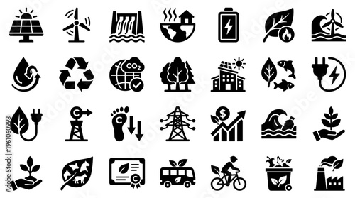 Diverse icons representing renewable energy, sustainability, environmental protection, and eco-friendly practices for a greener future