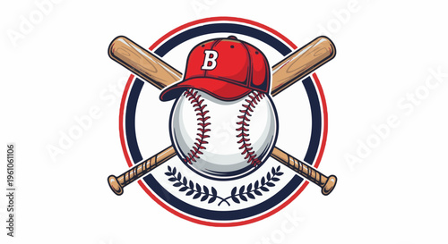 Red baseball cap on a white ball with crossed wooden bats