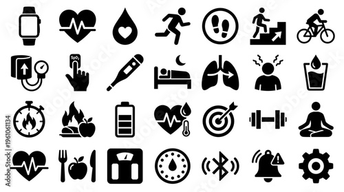 Collection of health and fitness icons representing wellness, exercise, medical care, and healthy lifestyle choices