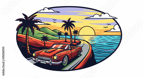 Red convertible drives along a scenic coastal road at sunset with palm trees