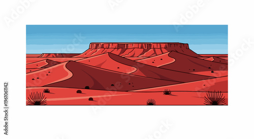 Red desert landscape with rolling dunes and a flat-topped mesa