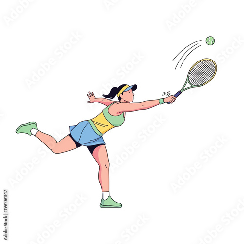 Woman playing tennis, reaching for a shot, athletic sport, active lifestyle illustration