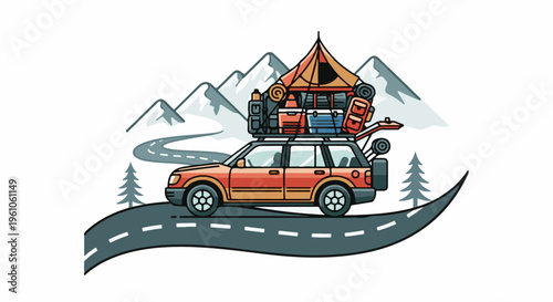 Red car loaded with camping gear drives on a winding road through mountains