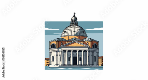 Pixelated illustration of a grand domed building with classical columns under a cloudy sky