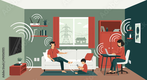 Electromagnetic Radiation and EMF Exposure in a Modern Home with Family Using Multiple Devices Illustration