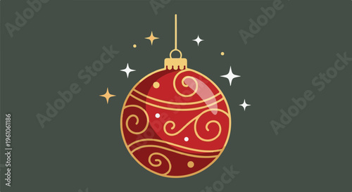 Red festive ornament with golden swirls hangs amidst sparkling stars