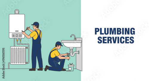 Professional Plumbing Services Banner Illustration with Plumbers Repairing Water Heater, Radiator, and Sink Pipe