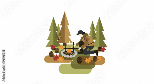 Person tending campfire in autumnal forest
