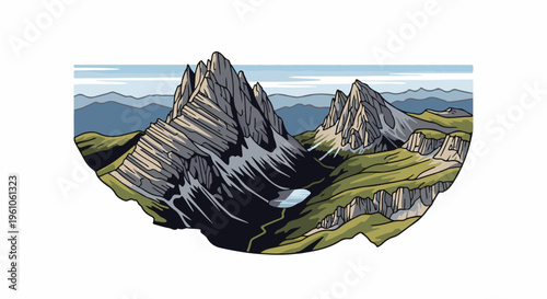 Pixelated mountain landscape with a small lake and rolling hills