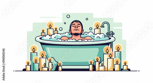 Person relaxes in a bubble bath surrounded by numerous lit candles