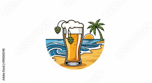 Refreshing beer with hops on a tropical beach at sunset