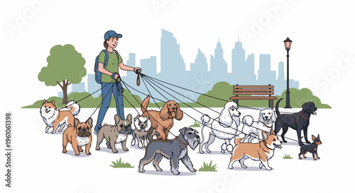 Person walking many dogs of various breeds in a park with city skyline background