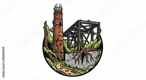 Overgrown industrial ruins with a crumbling tower and skeletal bridge structure