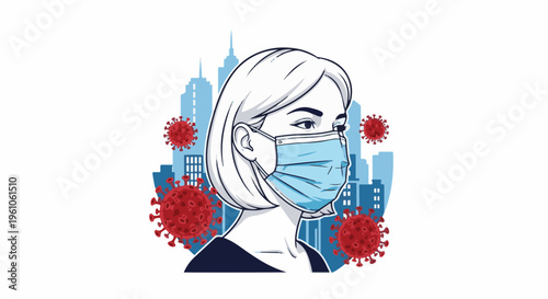 Person wearing mask amidst viral outbreak and city skyline