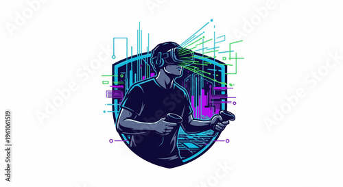 Person wearing VR headset and holding controllers in a digital world