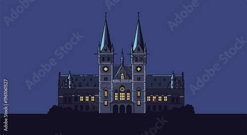 Pixel art of a grand gothic building with twin spires at night