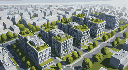 Overhead view of modern office buildings with green roofs amidst urban sprawl