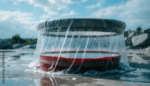 Medium view of a large mud settling basin enclosed by a protective cover capturing the calm separation of red mud from liquid in a controlled environment.