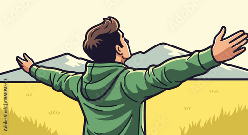 Person with arms wide open in a green hoodie, facing mountains