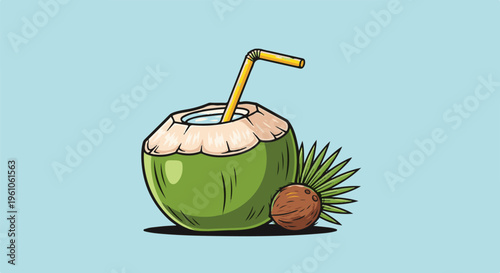Refreshing green coconut drink with straw and whole coconut
