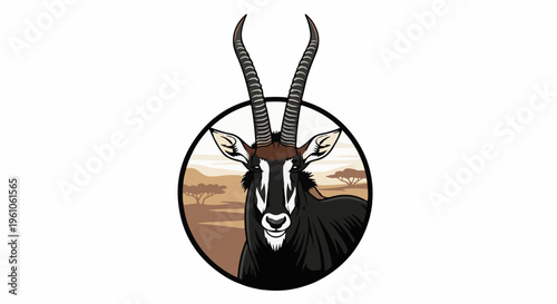 Pixelated sable antelope in circular frame with savanna background