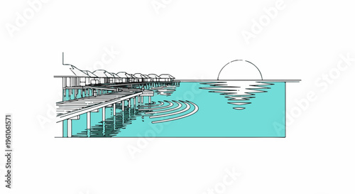 Overwater bungalows line a pier stretching into tranquil turquoise waters at sunset