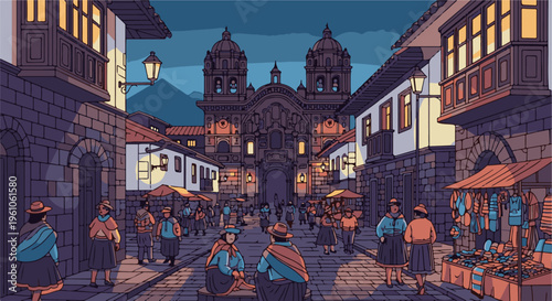 Pixelated scene of a bustling town square with a large church at dusk