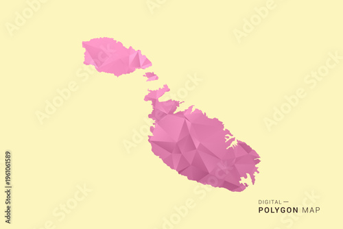 Malta Map - Low poly polygon map design in soft pink pastel gradient on beige background, modern minimal geometric style, clean digital vector illustration.