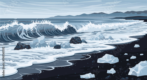 Pixelated scene of crashing waves on a dark, rocky beach with ice fragments
