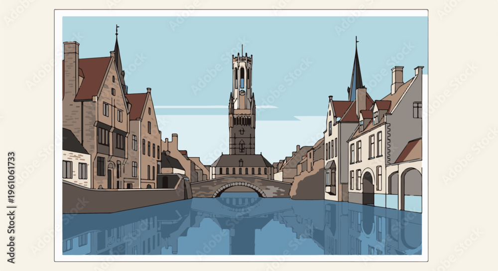 Obraz premium Picturesque canal view featuring historic buildings and a prominent clock tower reflected in the water