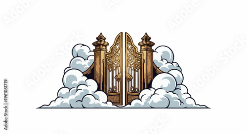 Ornate golden gates opening amidst fluffy white clouds, a divine entrance