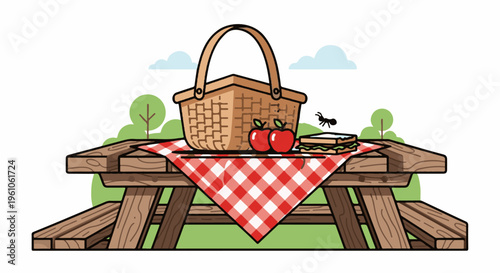 Picnic basket on a wooden table with apples, sandwich, and ant