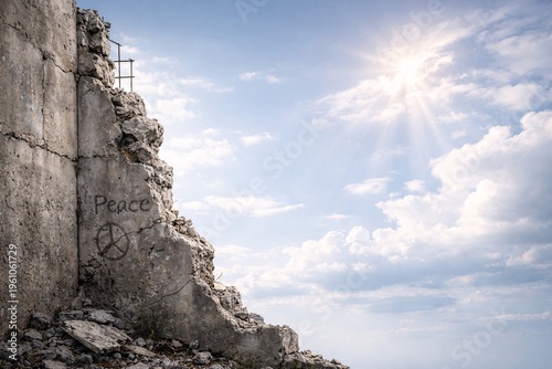 Peace Graffiti on Ruined Concrete Wall Under Bright Sunny Sky Symbolizing Hope and Post-War Recovery