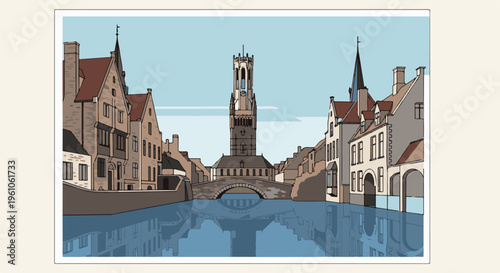 Picturesque canal view featuring historic buildings and a prominent clock tower reflected in the water