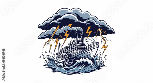 Paddlewheel steamship battling a stormy sea with lightning strikes
