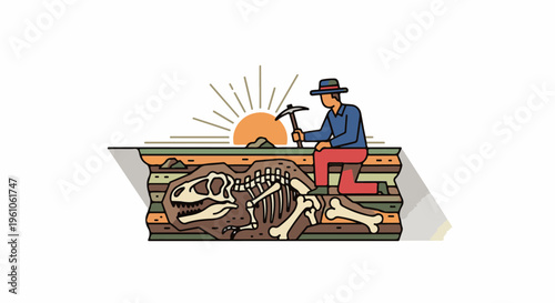 Paleontologist excavating dinosaur skeleton at sunrise
