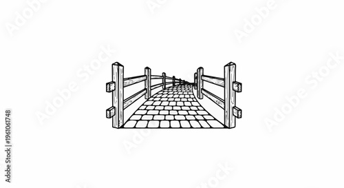 Perspective view of a stone pathway bordered by wooden fences leading inwards