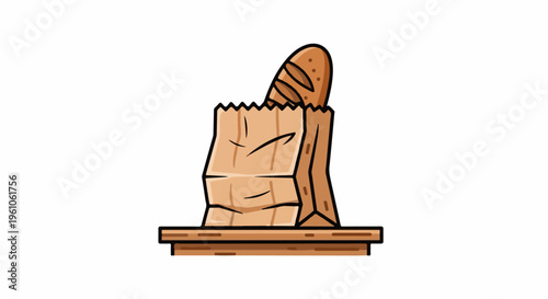 Paper bag holding a crusty baguette on a wooden surface