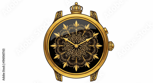Ornate golden pocket watch with black face featuring intricate mandala design and crown
