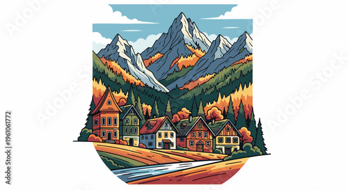 Picturesque mountain village nestled among autumn trees by a river