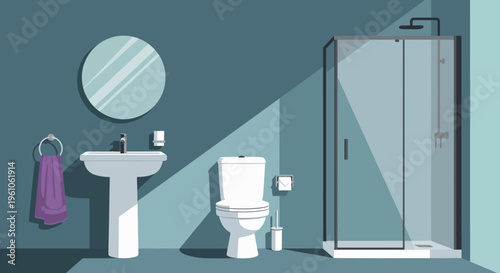 Modern Minimalist Bathroom Interior Illustration with Shower, Toilet, and Sink in Teal Tones