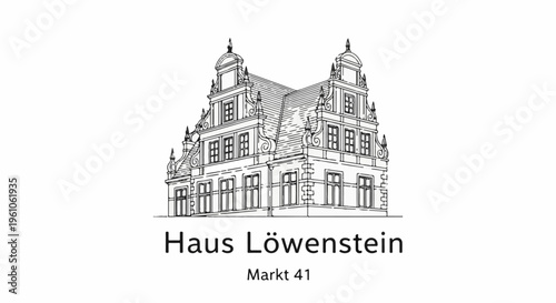 Ornate historical building facade sketch with text below