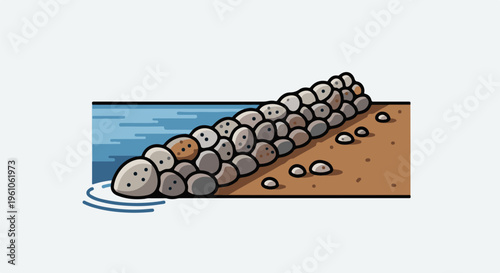 Natural barrier of rounded stones protects sandy shore from blue water waves