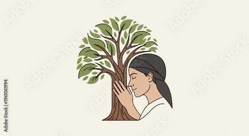 Peaceful embrace of nature, a woman with closed eyes hugs a tree
