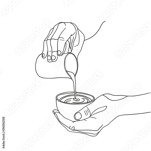 Minimal line art vector illustration of hands pouring milk into a coffee cup. Simple black and white drawing with clean lines, ideal for cafe, barista, beverage, and lifestyle concepts