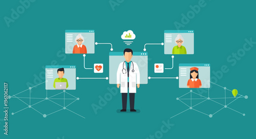Telemedicine and Online Healthcare Concept Illustration with Doctor Connecting to Patients via Video Conferencing for Remote Medical Consultation and Diagnosis