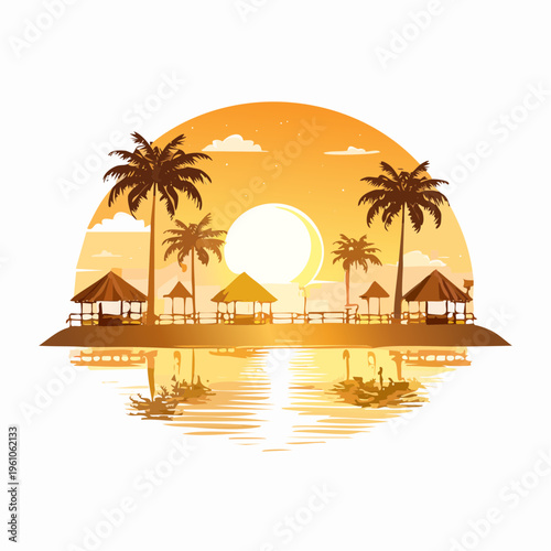 Tropical travel flat icon vector illustration of an exotic island beach with palm tree silhouettes against a summer sunset ocean landscape